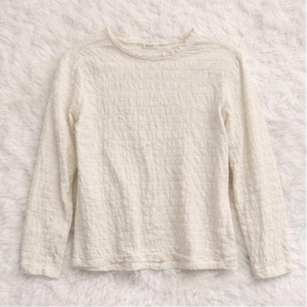 Earth Music & Ecology Textured Knit Top Cream Size M | Ruffle Collar Long Sleeve